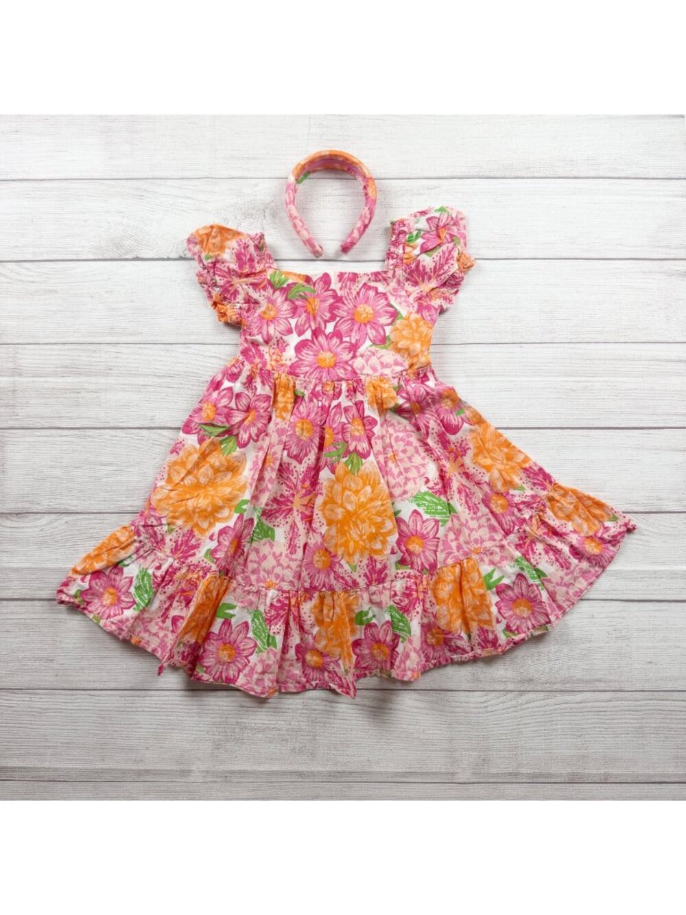 Joie Girls Floral Cotton Dress Headband Set Pink Orange 6